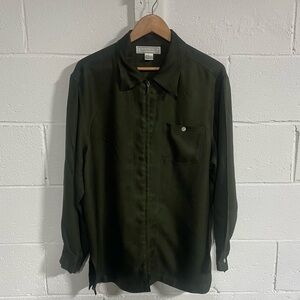 Vintage Savannah Hunter Green 100% Silk Zip Shirt Sz Large